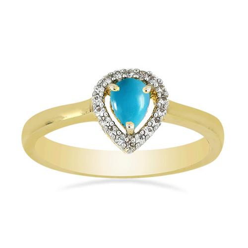 14K GOLD NATURAL BLUE TURQUOISE GEMSTONE HALO RING WITH WHITE DIAMOND